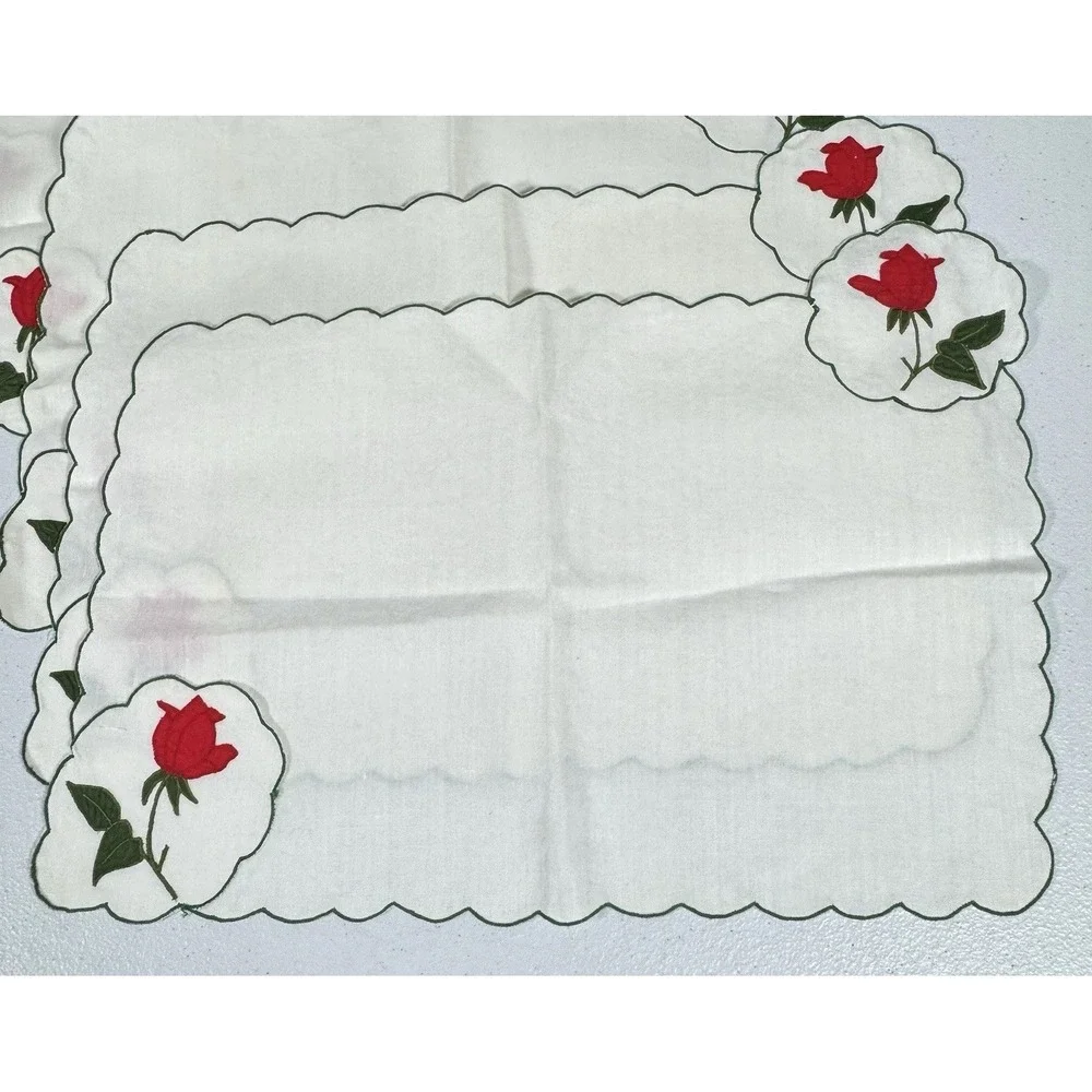 Vintage Floral Silverware Pocket Placemats Set of 6 Embroidered Red Rose